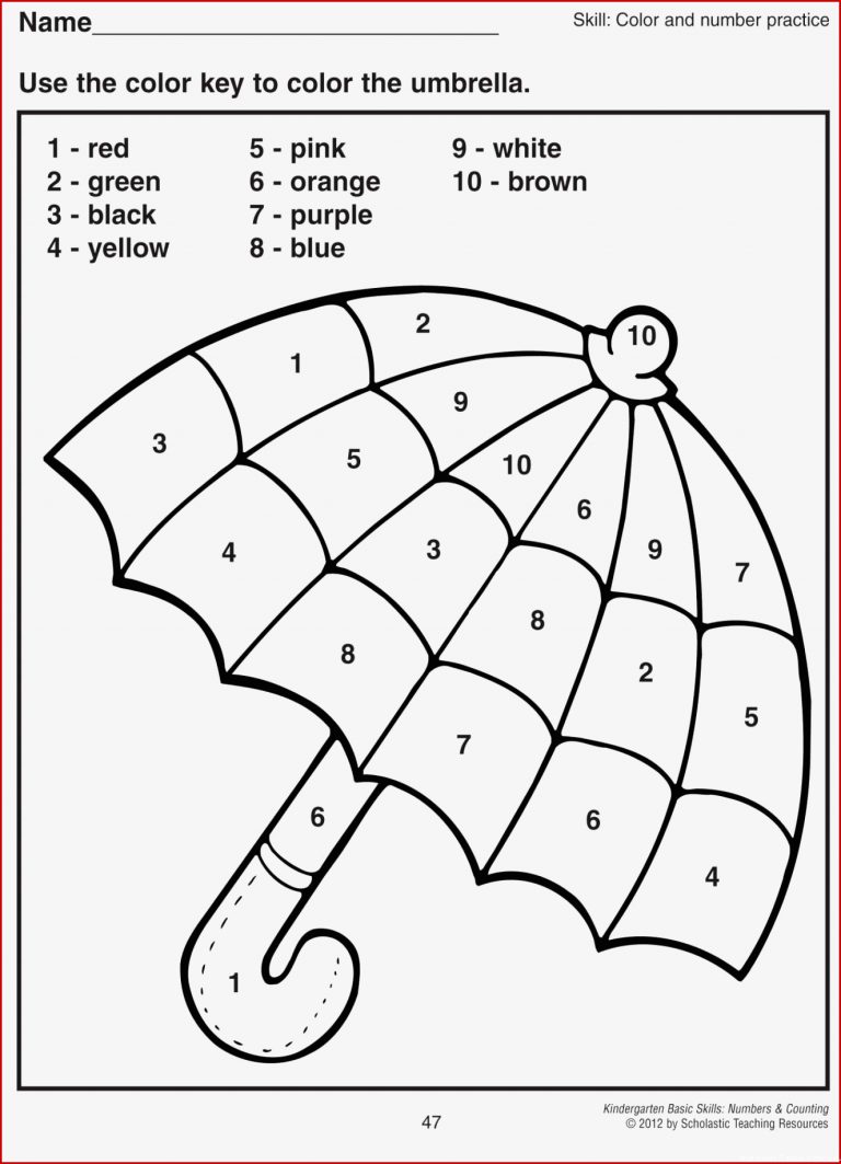 10 Arbeitsblatt Farbe nach Zahlen für Vorschulkinder