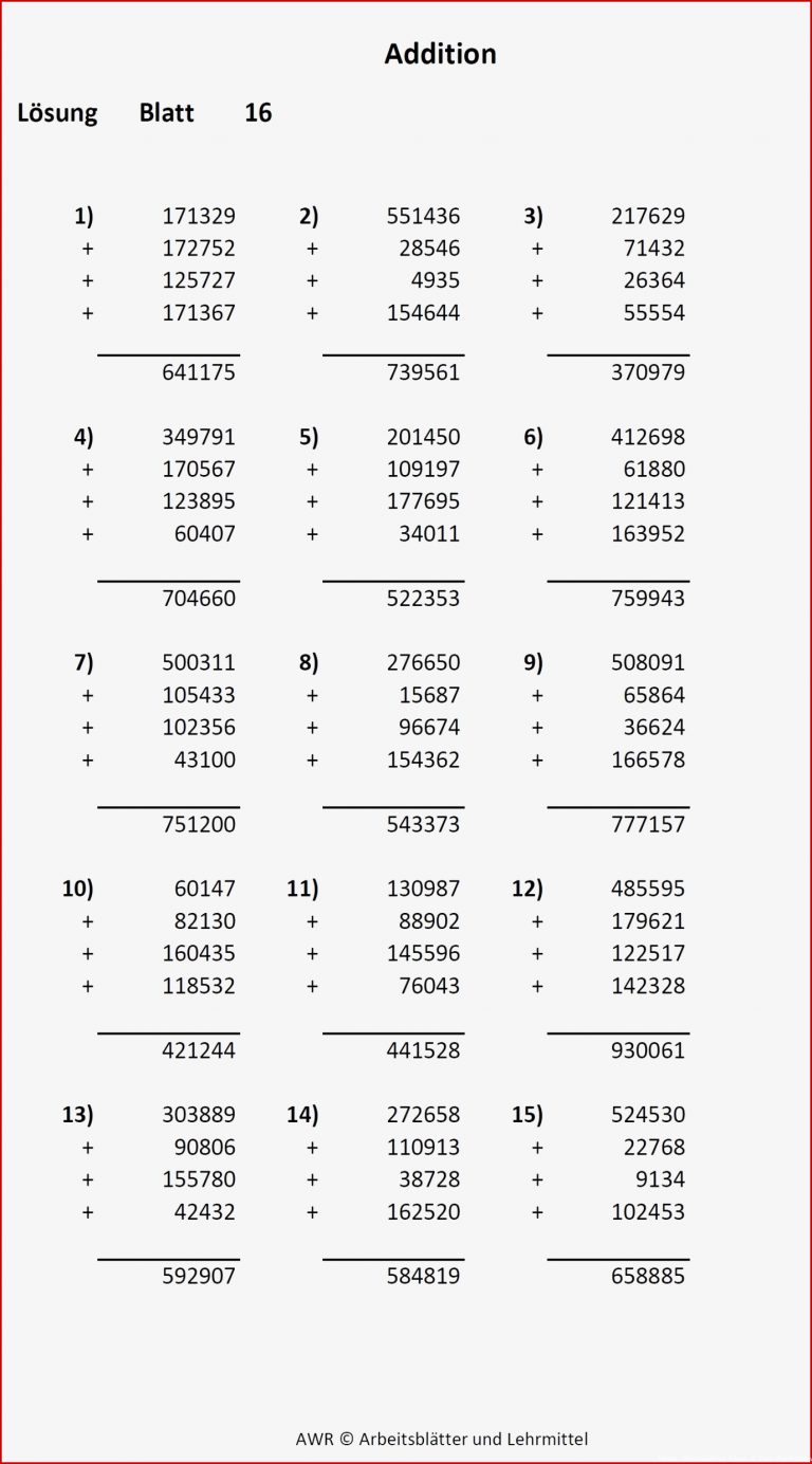 16 Arbeitsblätter Mathematik Addition 4 Klasse Mit 4 Summanden