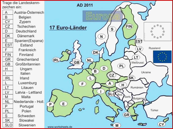 17 Euro Länder In Europa Arbeitsblatt Und Lösungsfolie