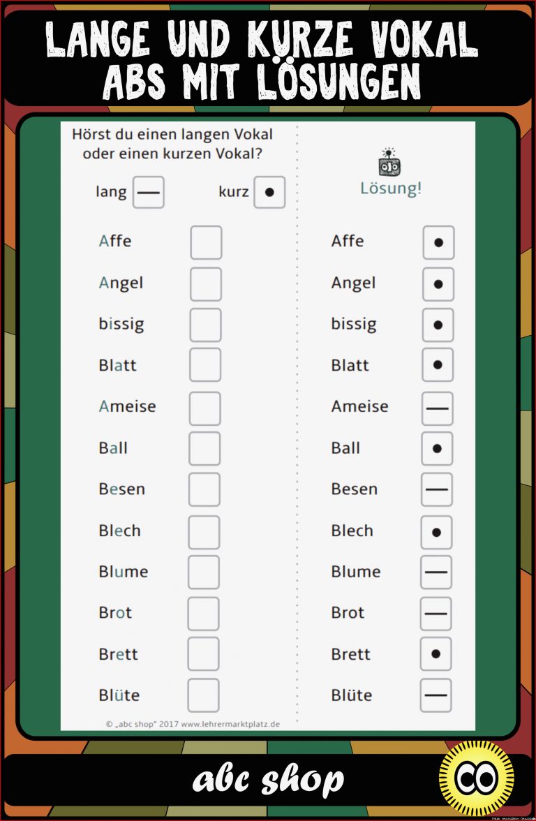 20 ABs zum Thema langer Vokal & kurzer Vokal mit Lösungen