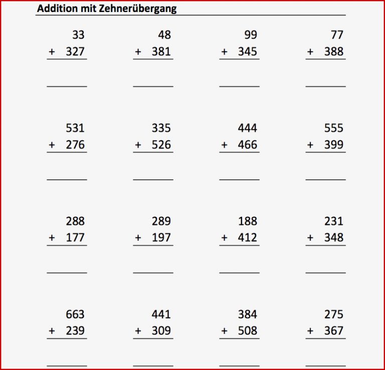 20 Arbeitsblätter Addition Mit Zehnerübergang