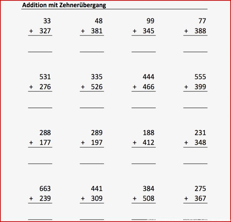 20 Arbeitsblätter Addition mit Zehnerübergang