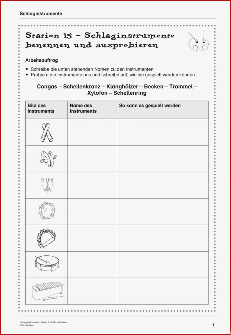 33 Schlaginstrumente Arbeitsblatt Musikinstrumente Namen