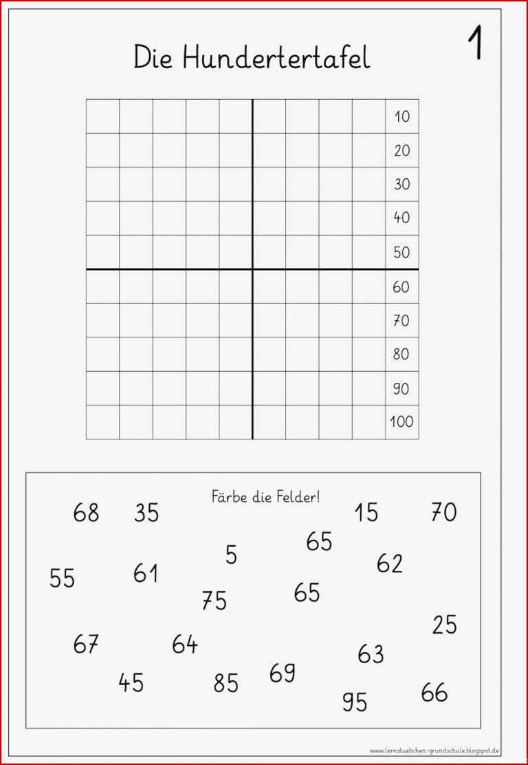 4 Arbeitsblätter zur Hundertertafel um das Augenmerk noch