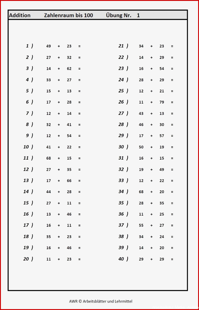 5 Arbeitsblätter 200 Additionsaufgaben Zahlenraum bis 100