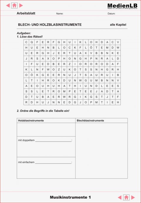 50 Holzblasinstrumente Arbeitsblatt Iwonnink