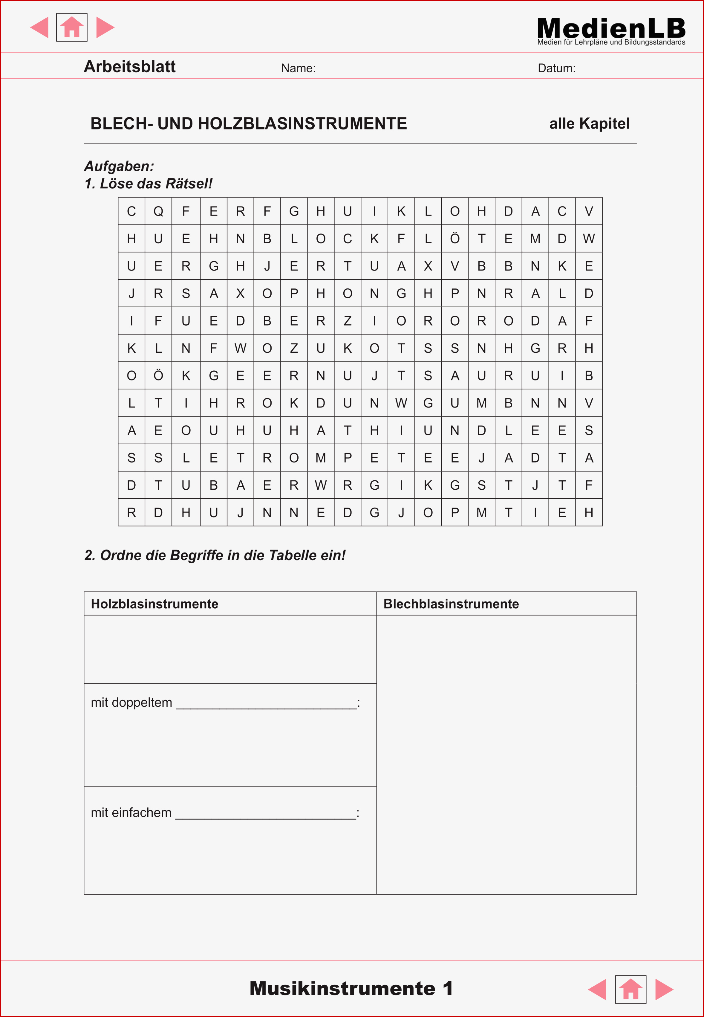 50 Holzblasinstrumente Arbeitsblatt Iwonnink