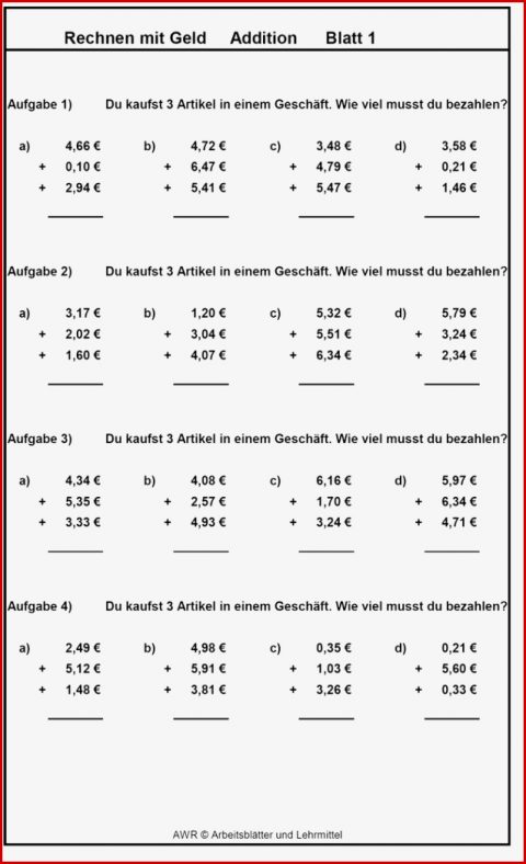 5x16 Aufgaben Bis Max 20 Rechnen Mit Geld Addition Sw