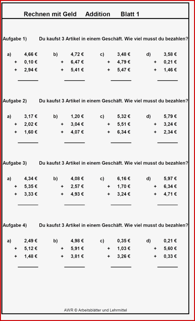 5x16 Aufgaben Bis Max 20 Rechnen Mit Geld Addition Sw