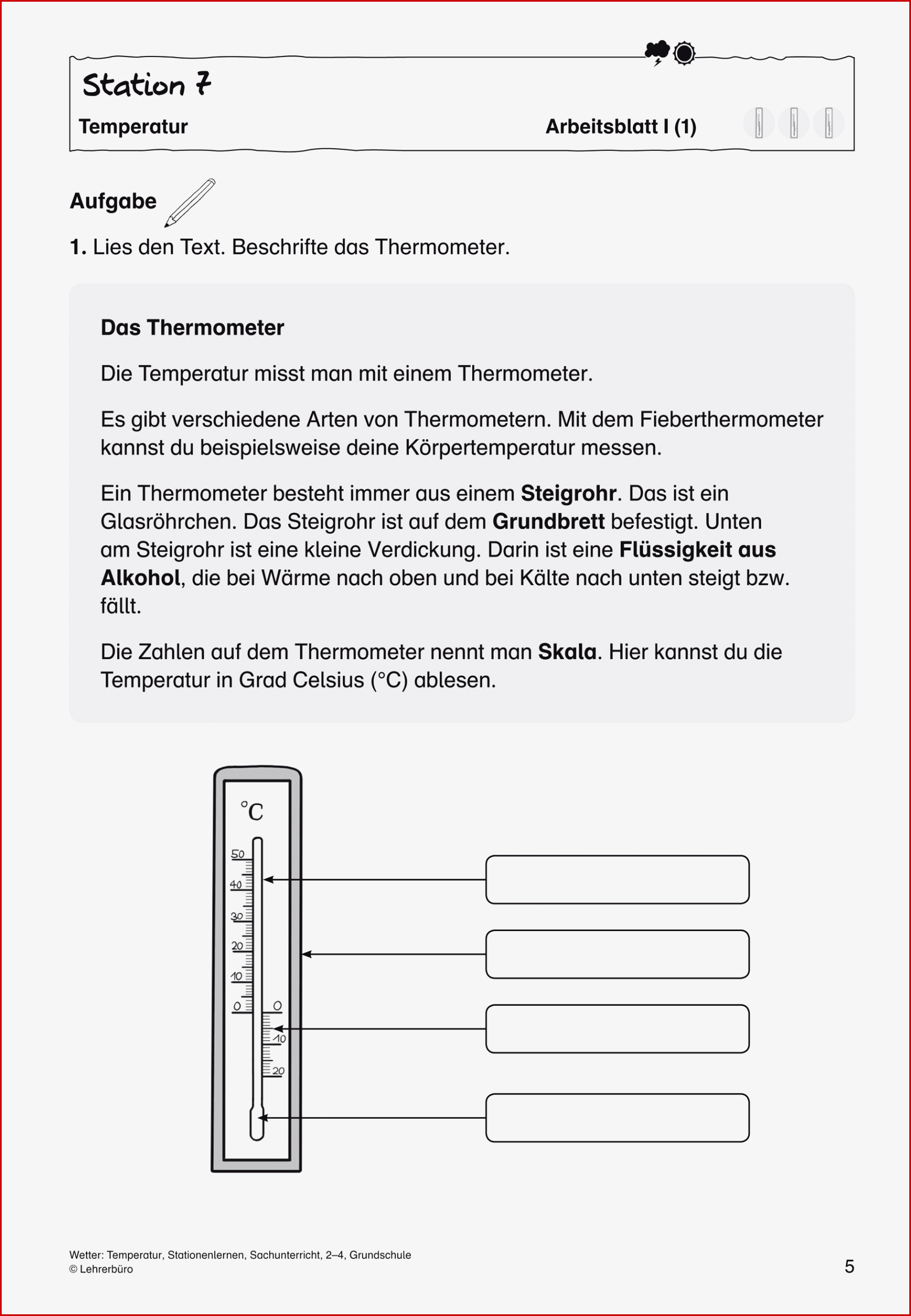 67 Arbeitsblatt Grundschule thermometer