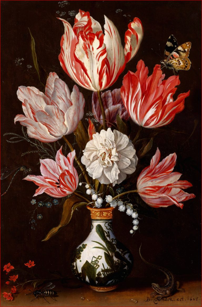 A Still Life of Tulips and other Flowers in a ceramic Vase