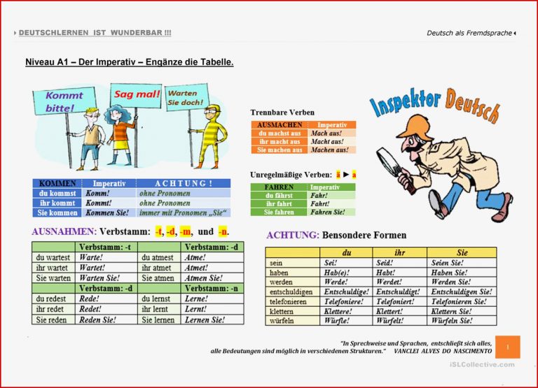 A1 Lernen wir den Imperativ Arbeitsblatt Kostenlose