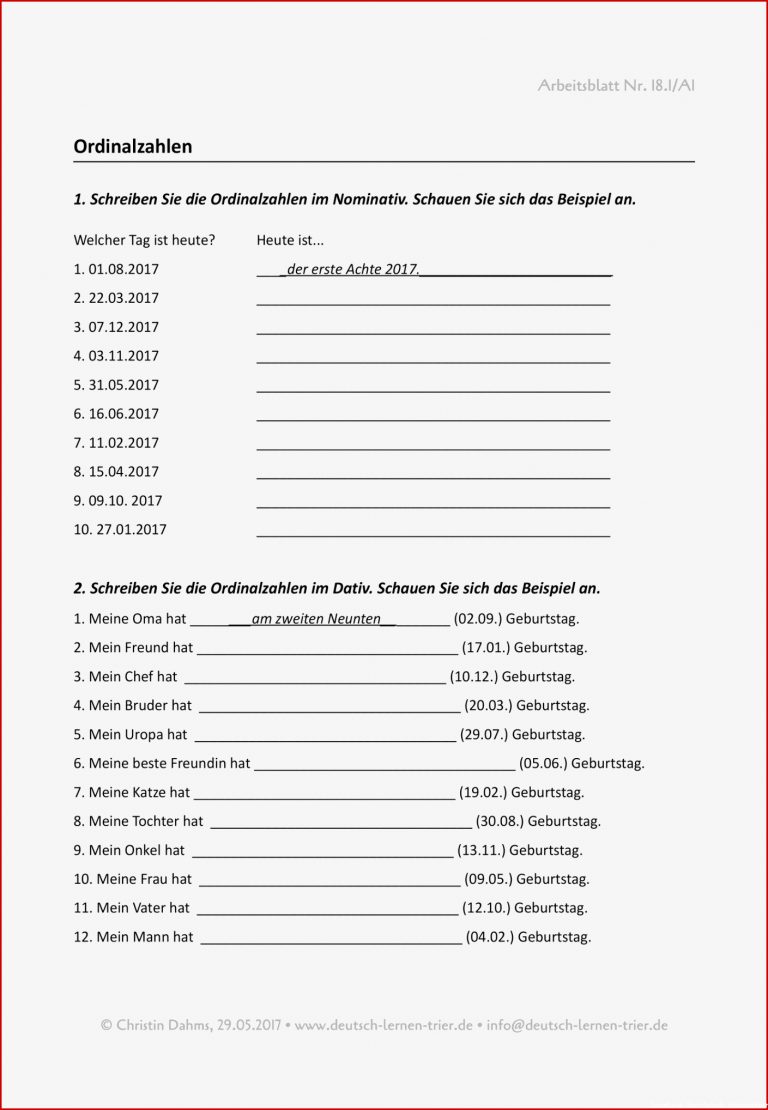 A1 Ordinalzahlen – Unterrichtsmaterial im Fach DaZ DaF