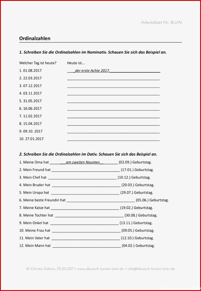 A1 Ordinalzahlen – Unterrichtsmaterial im Fach DaZ DaF