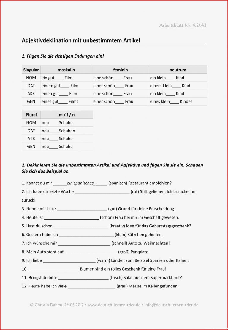 A2 Adjektivdeklination unbest Artikel