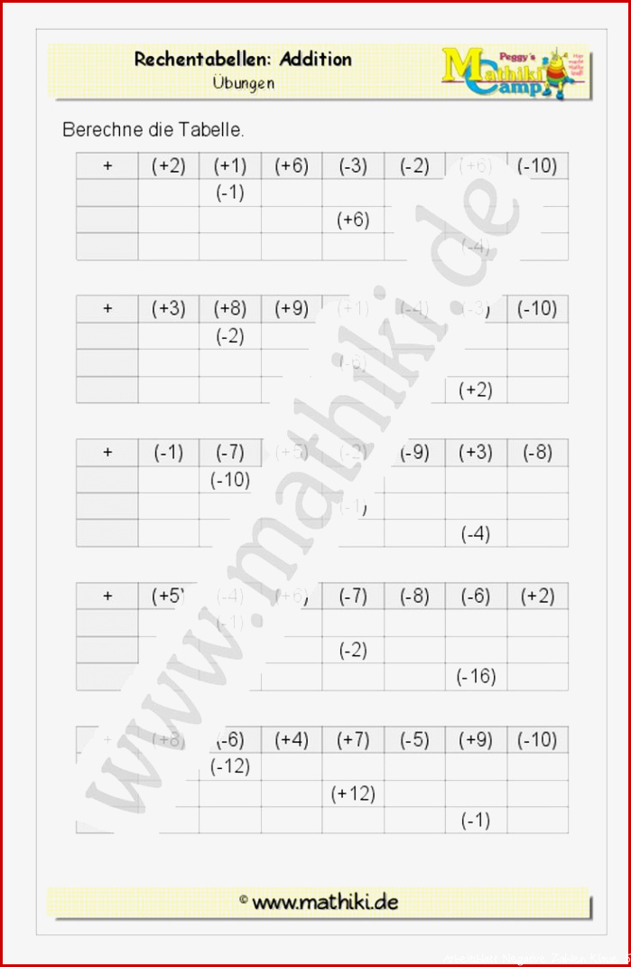 Addition ganzer Zahlen Klasse 5 6