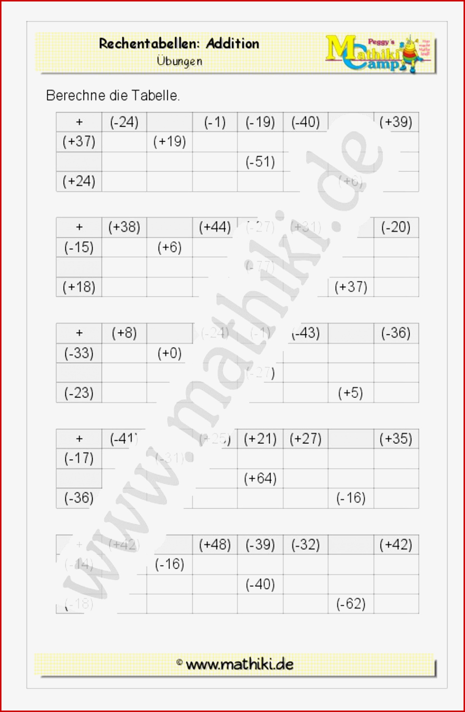 Addition Ganzer Zahlen Klasse 5 6