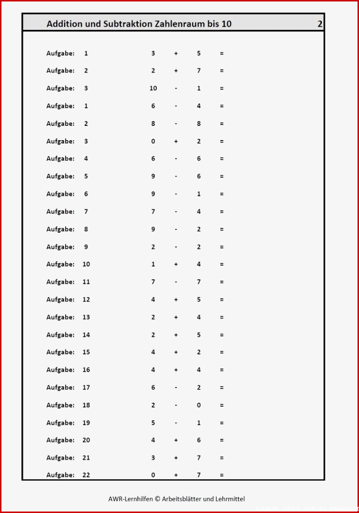 Addition und Subtraktion bis 10 1 Klasse 5 Arbeitsblätter