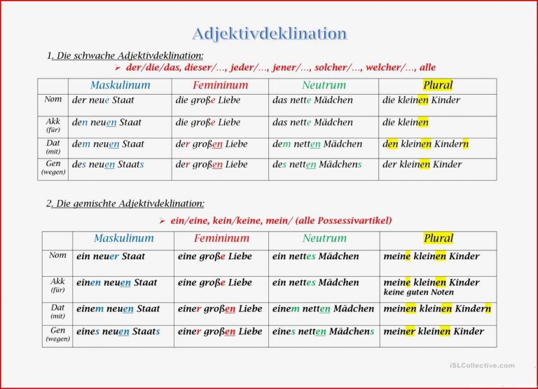 Adjektivdeklination Arbeitsblatt Kostenlose DAF