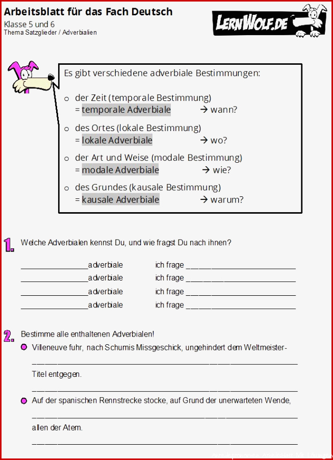 Adverbiale Bestimmungen Arbeitsblätter Mit Lösungen