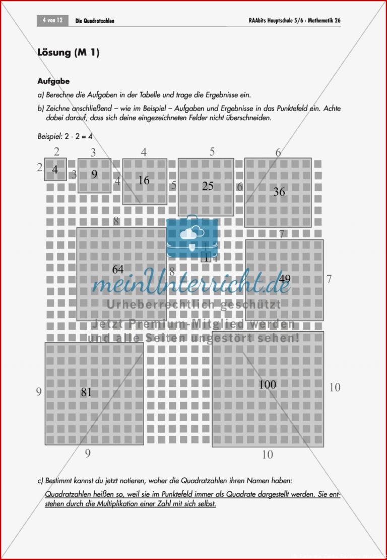 Algebra Infomaterial Und Übungen Zu Quadratzahlen Mit