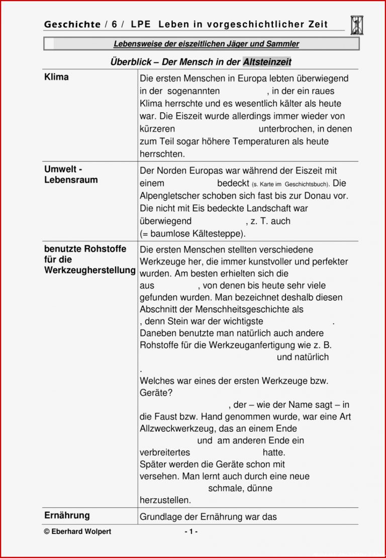 Altsteinzeit Arbeitsblätter 5 Klasse Worksheets