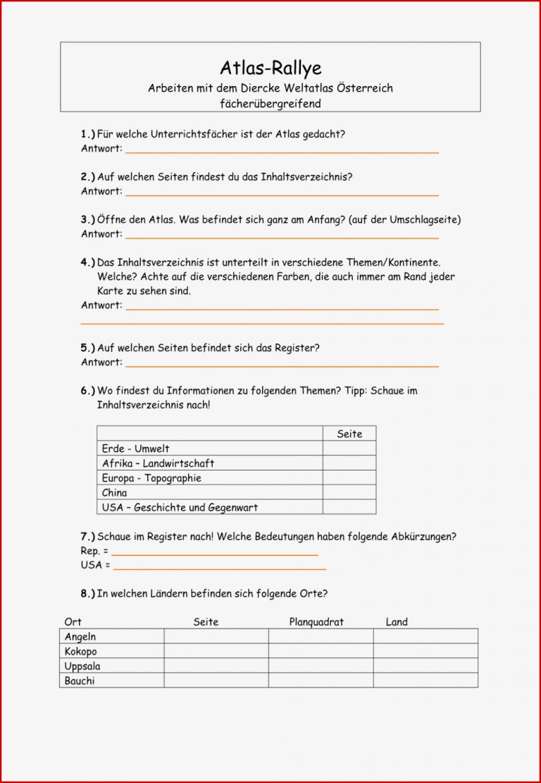 Arbeiten Mit Dem Atlas Arbeitsblatt