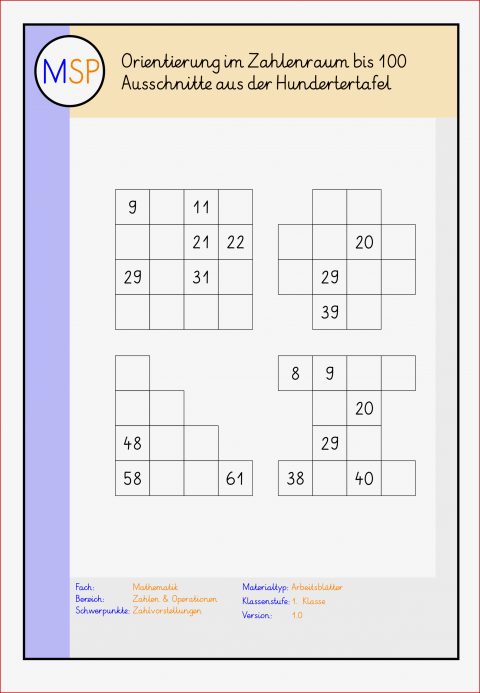 Arbeitsblätter Ausschnitte Aus Der Hundertertafel