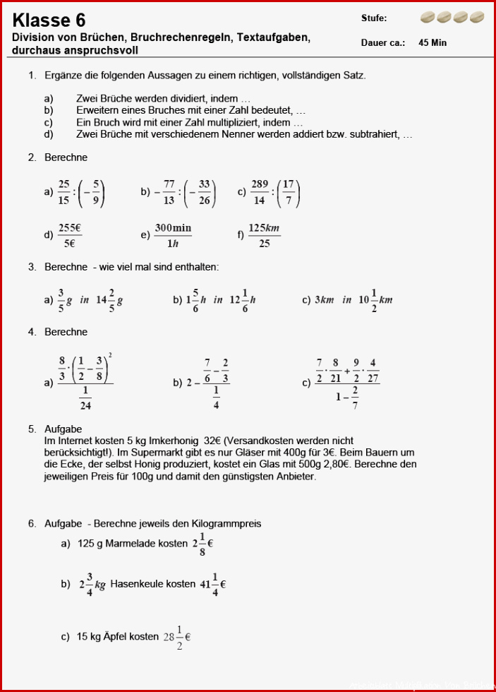 Arbeitsblätter Bruchrechnung 5 6 Klasse zum Ausdrucken