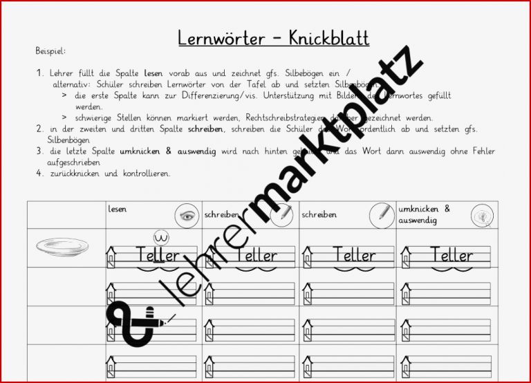 Arbeitsblätter Grundschule Lernwörter Knickblatt Carl