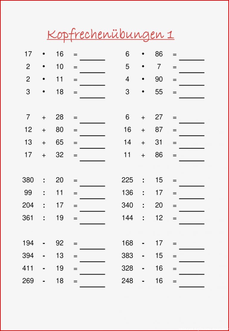 Arbeitsblätter Kopfrechnen Alle Grundrechenarten
