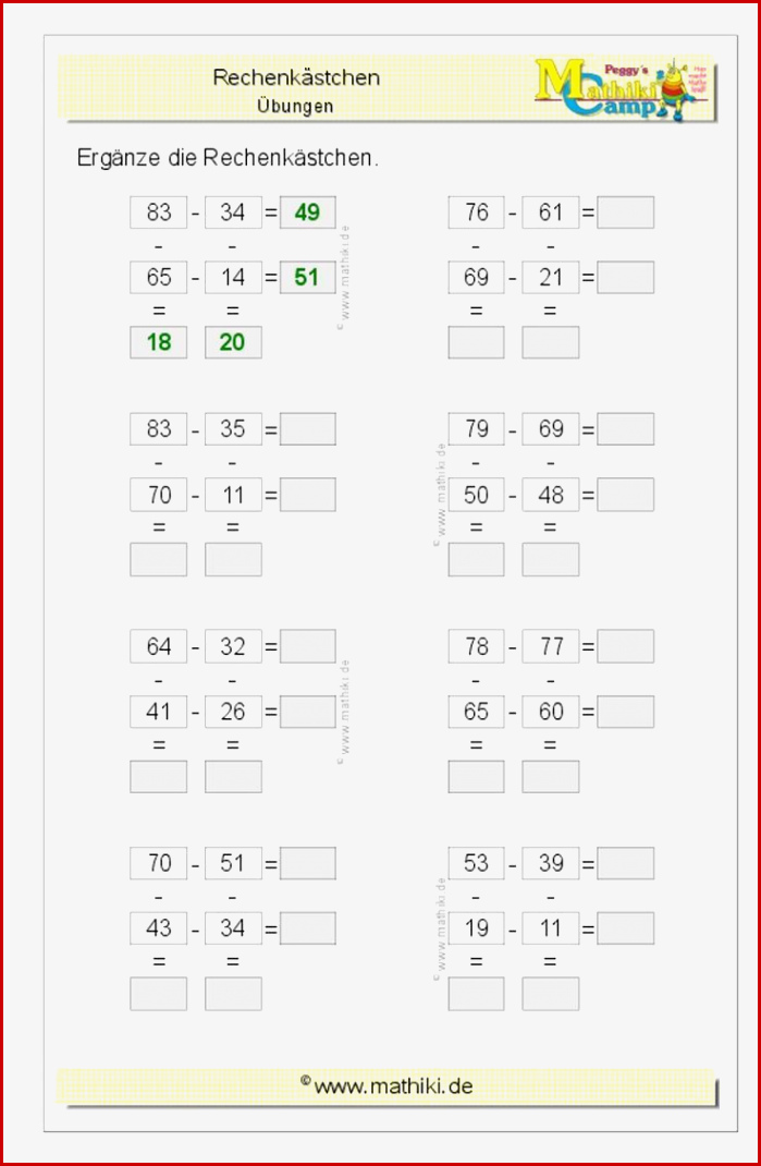 Arbeitsblätter Mathe Klasse 2 Subtraktion Worksheets