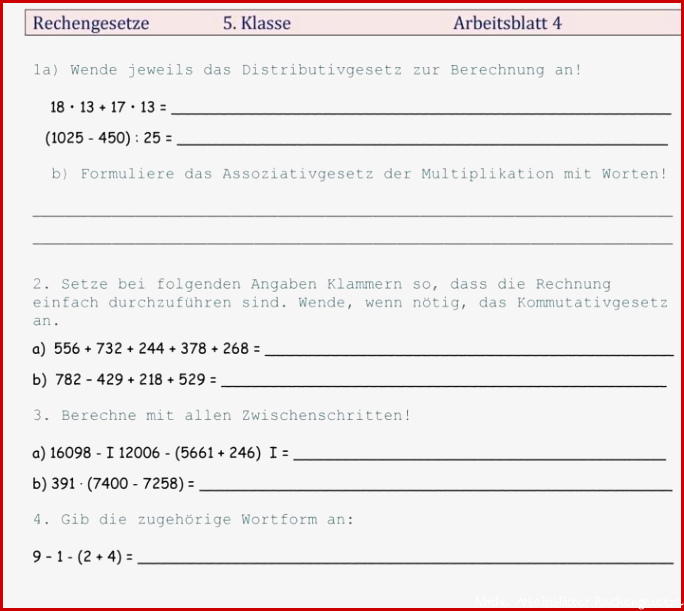 Arbeitsblätter Mathe Klasse 5 Rechengesetze Tim Kane Schule