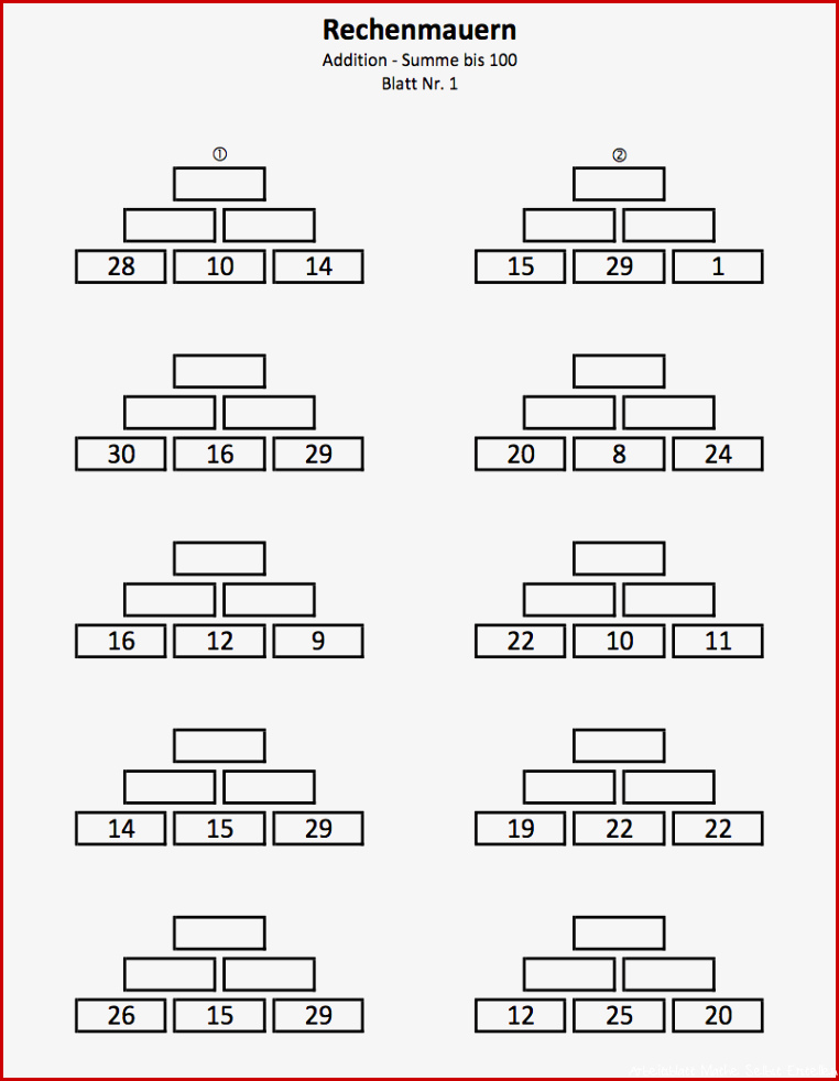 Arbeitsblätter mit Rechenmauern Zahlenmauern zum