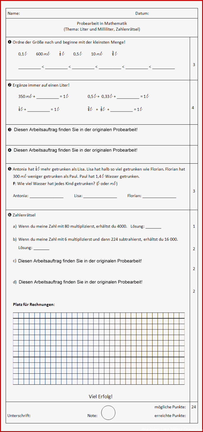 Arbeitsblätter Umrechnung Liter Milliliter Grundschule