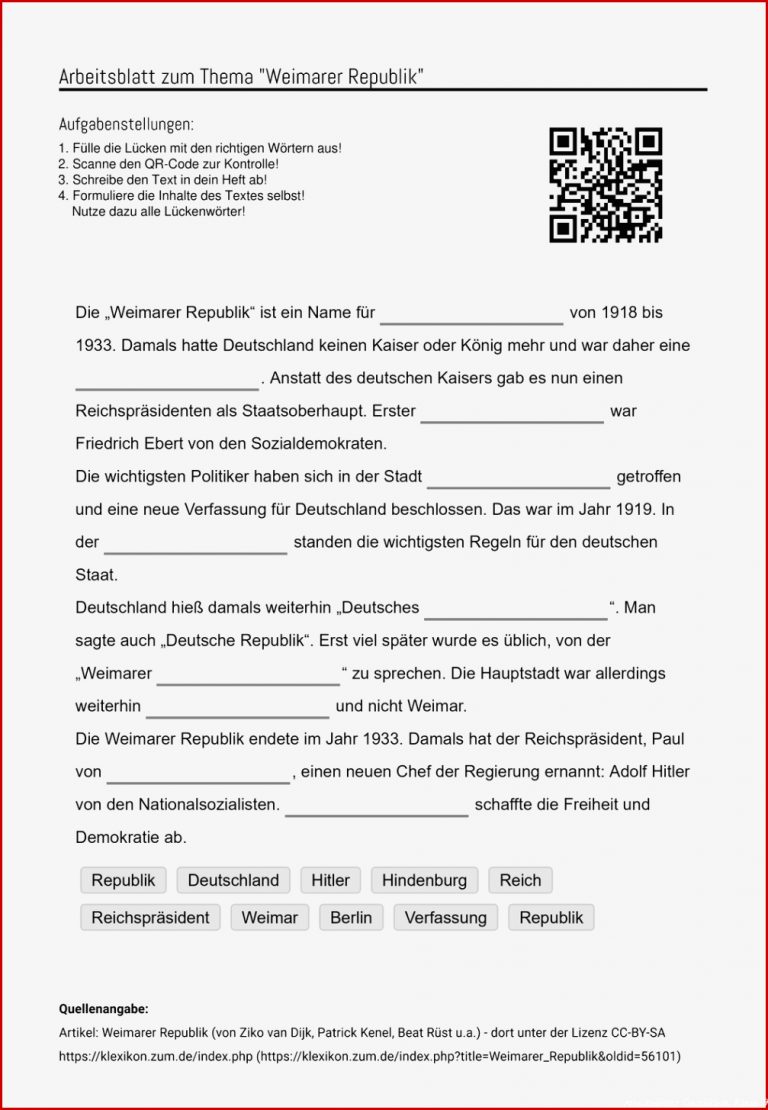 Arbeitsblätter Weimarer Republik Arbeitsblatt Klasse 9