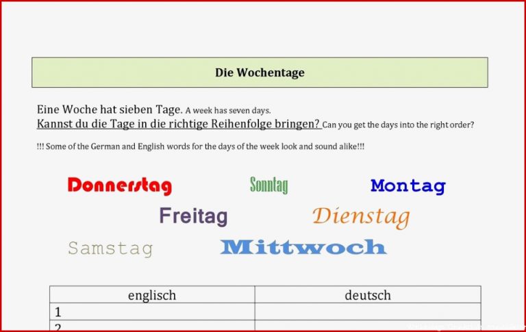 Arbeitsblätter Wochentage Grundschule Kostenlos Mark