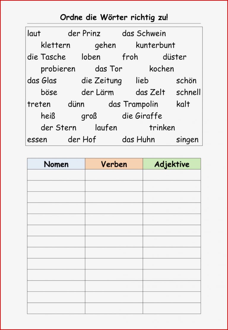 Arbeitsblätter zu den Wortarten – Unterrichtsmaterial im