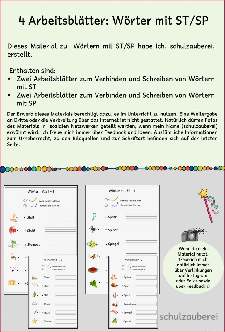 Arbeitsblätter zu Wörtern mit SP und ST von