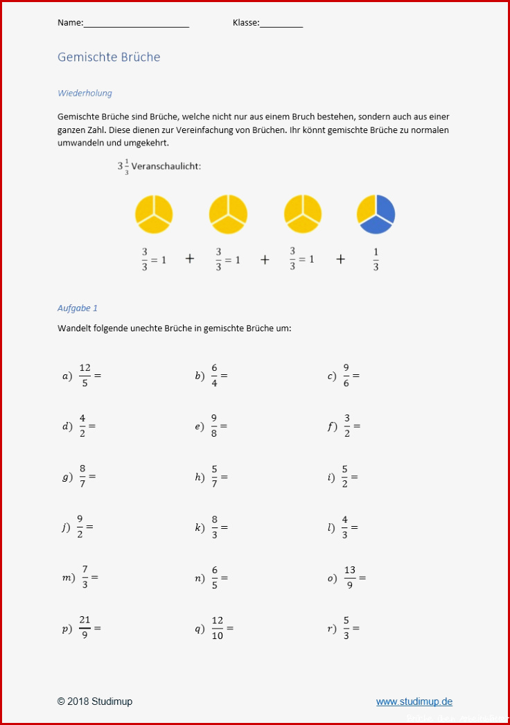 Arbeitsblätter zum Bruchrechnen Studimup