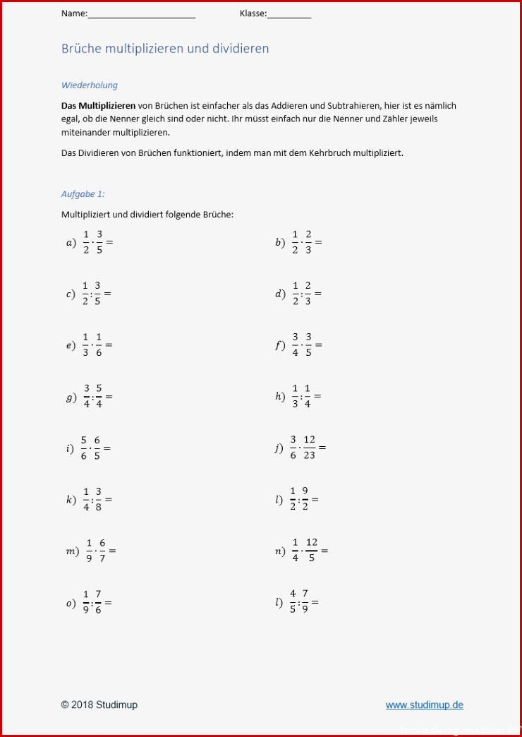 Arbeitsblätter zum Bruchrechnen Studimup