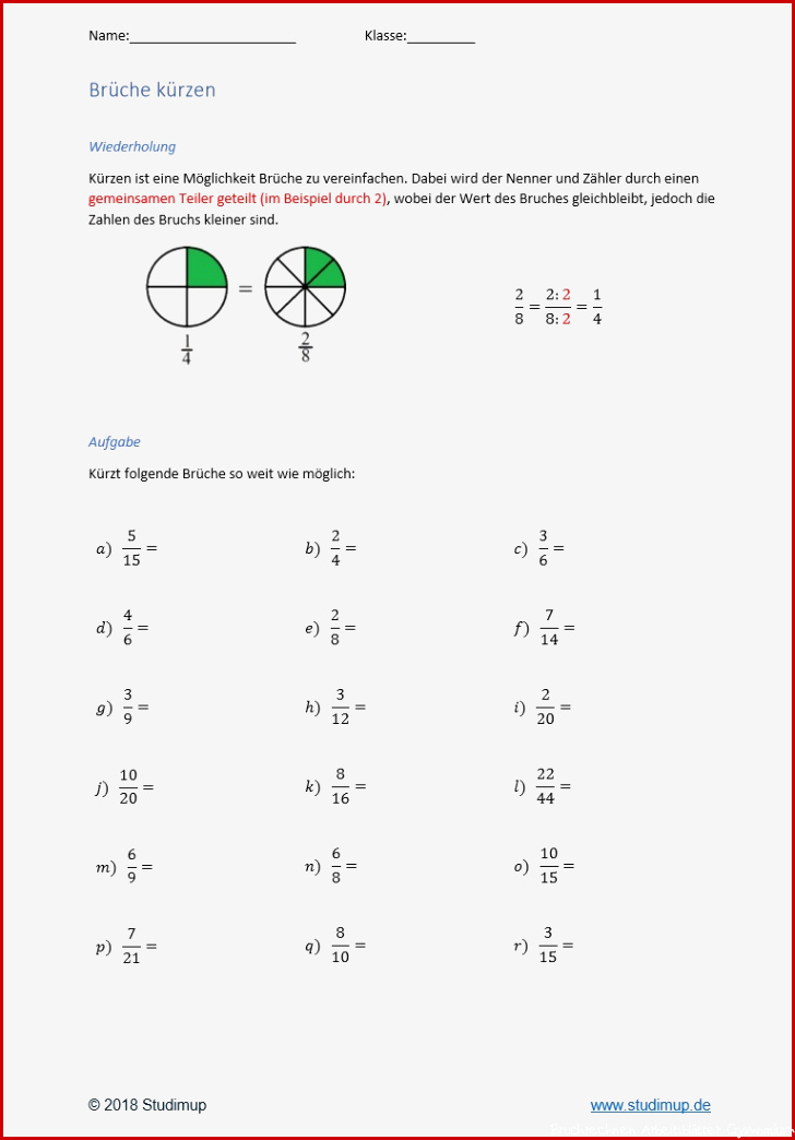 Arbeitsblätter zum Bruchrechnen Studimup
