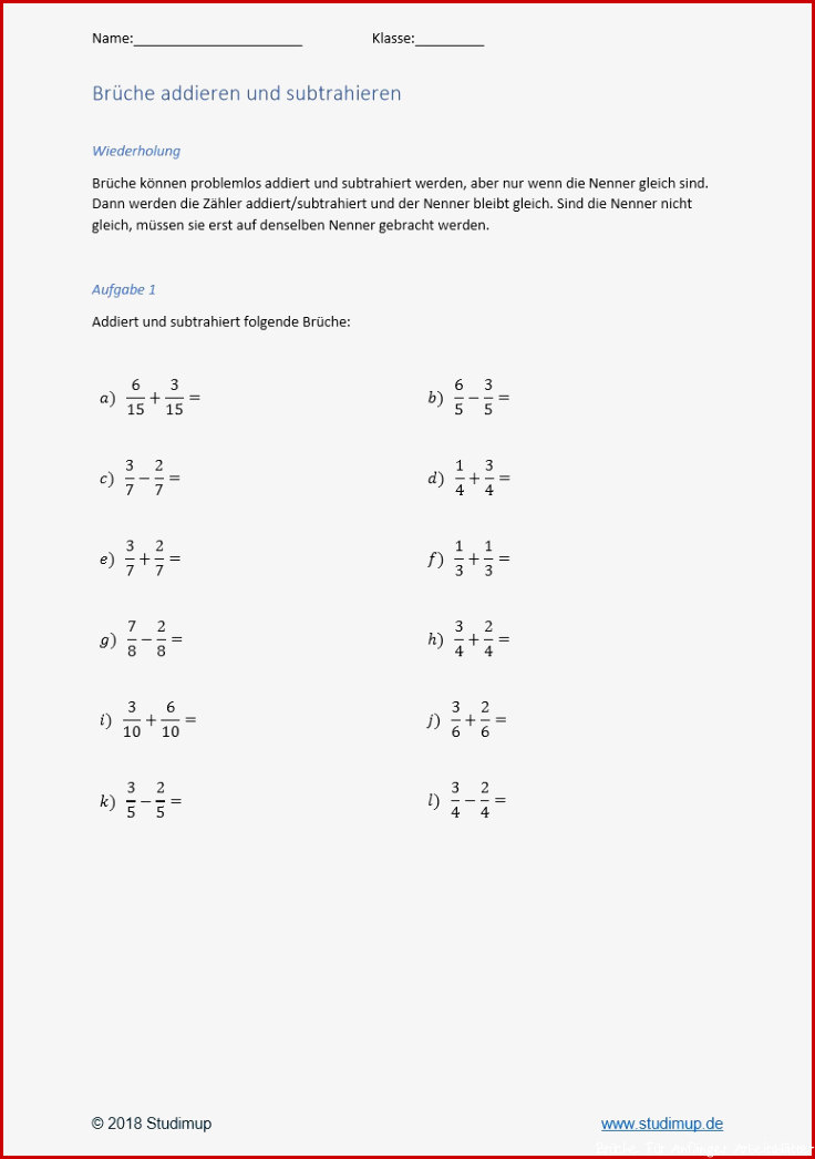 Arbeitsblätter zum Bruchrechnen - Studimup.de