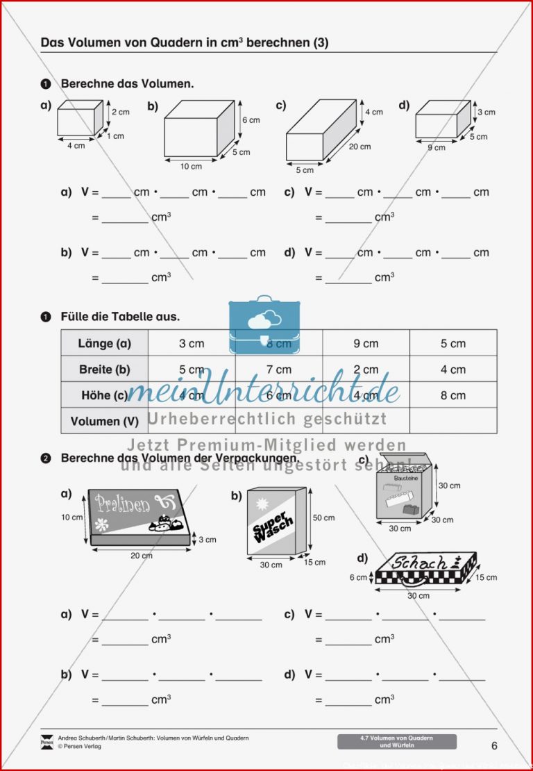 Arbeitsblätter Zum thema "volumen Von Würfeln Und Quadern