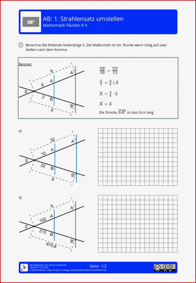 Arbeitsblatt 1 Strahlensatz umstellen Mathematik