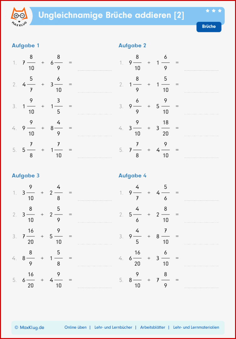 Arbeitsblatt 2 Ungleichnamige Brüche Ad Ren