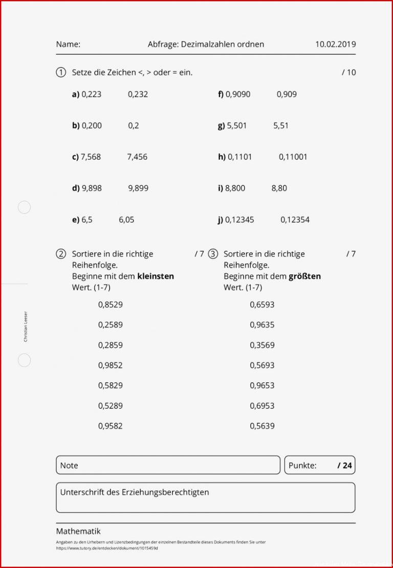 Arbeitsblatt Abfrage Dezimalzahlen ordnen Mathematik