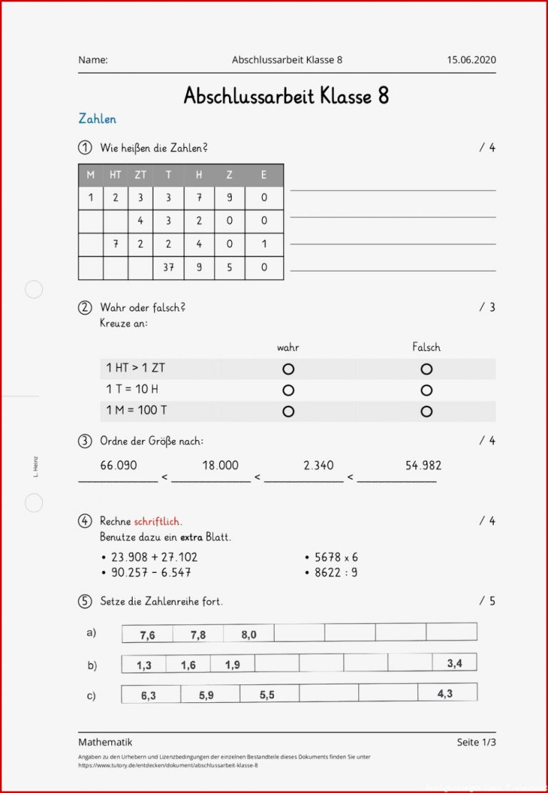 Arbeitsblatt Abschlussarbeit Klasse 8 Mathematik