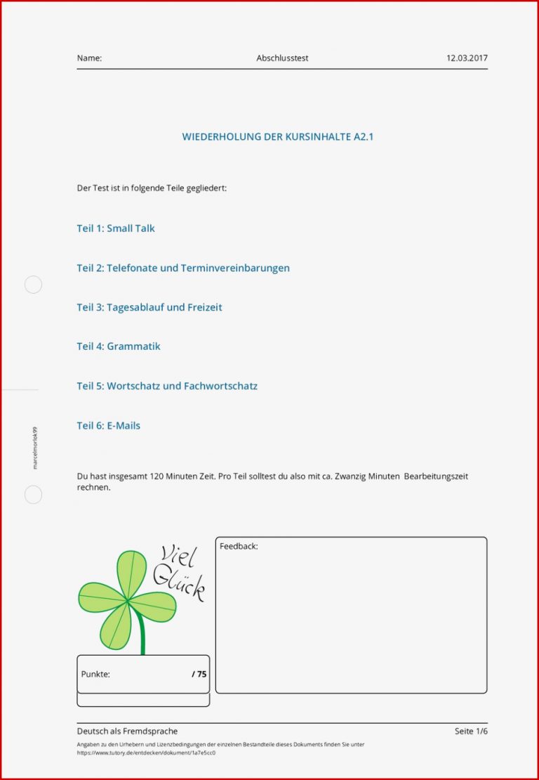 Arbeitsblatt Abschlusstest Deutsch als Fremdsprache