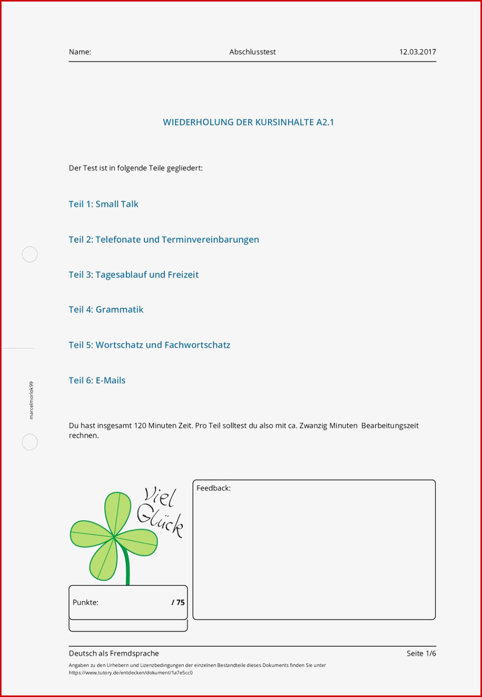 Arbeitsblatt Abschlusstest Deutsch Als Fremdsprache